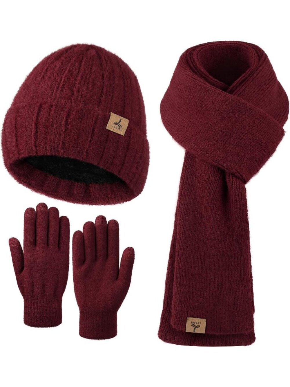 Women's Wine Red Beanie Gloves Scarf Cashmere Hat Gloves Scarf Accessories Set